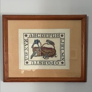 Vintage Handmade Counted Cross Stitch Sampler Framed Wall Hanging ABC Alphabet